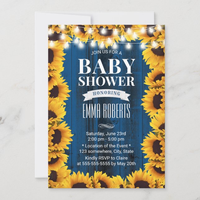 Rustic Sunflower Floral Navy Blue Barn Baby Shower Invitation (Front)