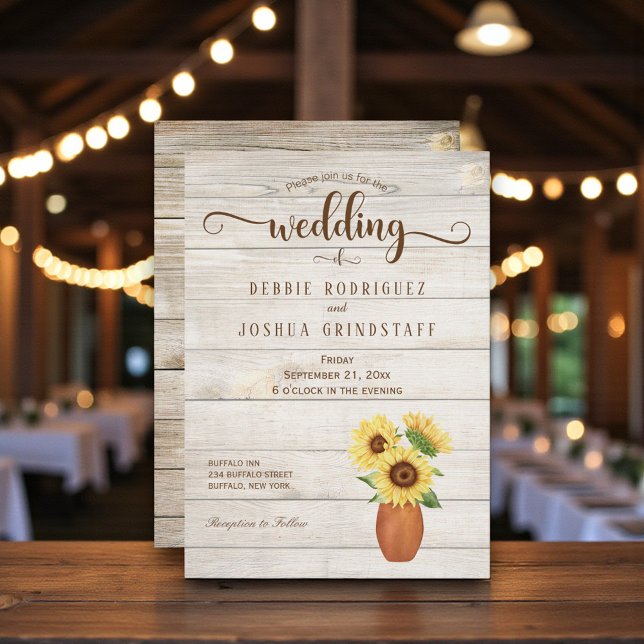 Rustic Sunflower Floral on Wood Wedding Invitation (Creator Uploaded)