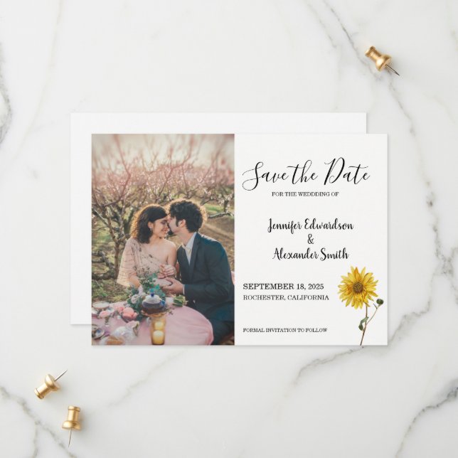 Rustic sunflower floral photo country wedding save the date (Front/Back In Situ)