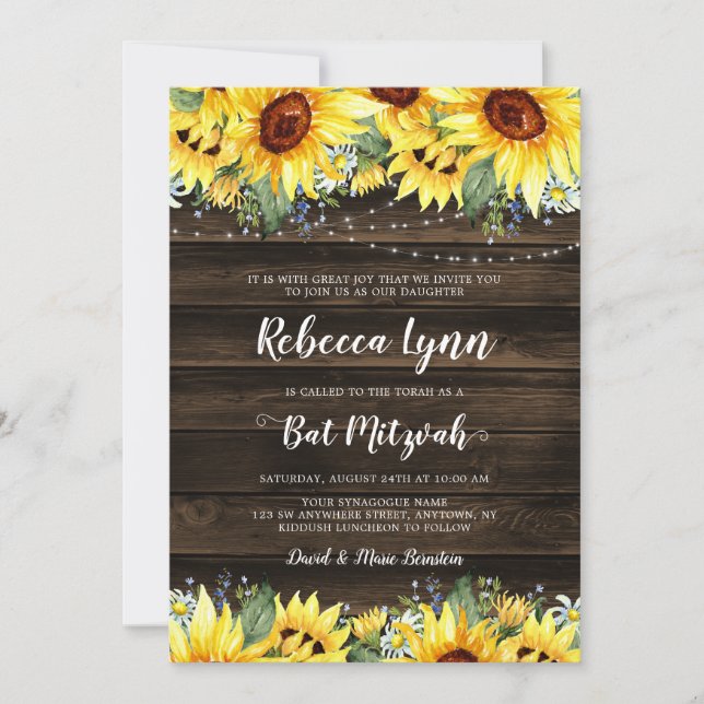 Rustic Sunflower Floral String Lights Bat Mitzvah Invitation (Front)