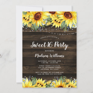 Rustic Sunflower Floral String Lights Sweet 16 Invitation
