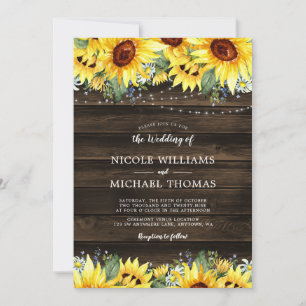 Rustic Sunflower Floral String Lights Wedding Invitation