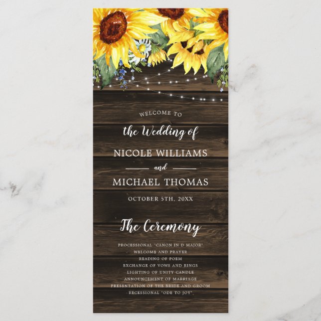 Rustic Sunflower Floral String Lights Wedding Program (Front)