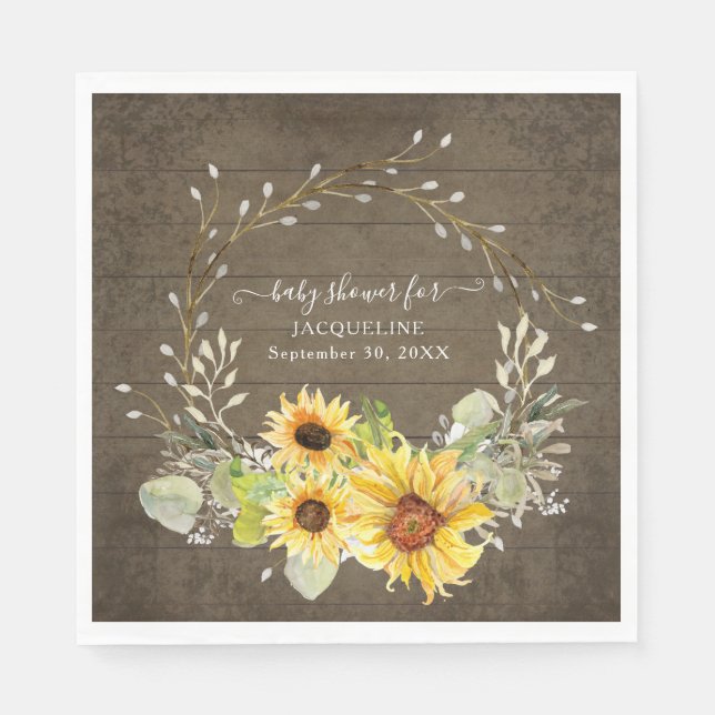 Rustic Sunflower Floral Watercolor Boy Baby Shower Napkin (Front)
