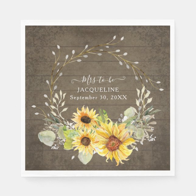 Rustic Sunflower Floral Watercolor Bridal Shower Napkin (Front)