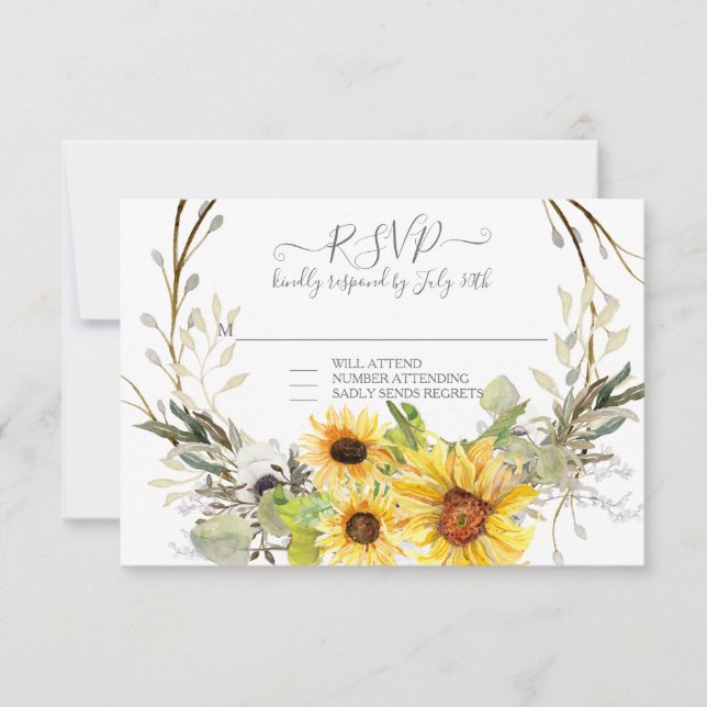Rustic Sunflower Floral Watercolor Wreath RSVP (Front)