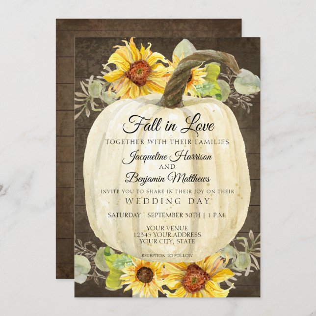 Rustic Sunflower Floral White Pumpkin Rustic Wood Invitation (Front/Back)