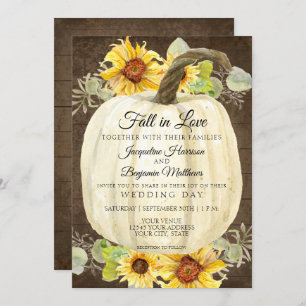 Rustic Sunflower Floral White Pumpkin Rustic Wood Invitation