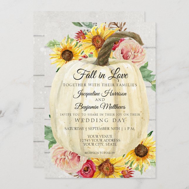 Rustic Sunflower Floral White Pumpkin Shiplap Wood Invitation (Front/Back)