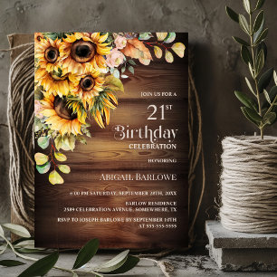 Rustic Sunflower Floral Wood 21st Birthday Party Invitation