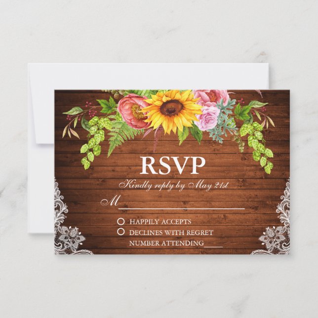 Rustic Sunflower Floral Wood Lace Wedding RSVP Card (Front)