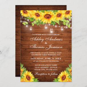 Rustic Sunflower Floral Wood Mason Jar Lights Invitation
