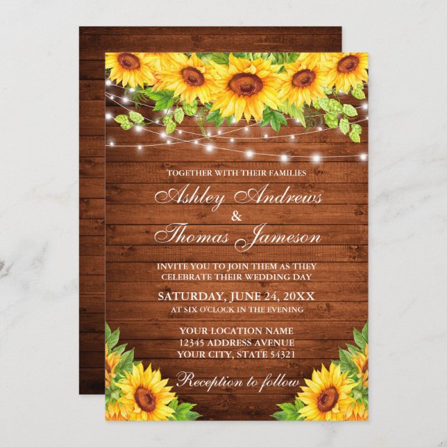 Rustic Sunflower Floral Wood String Lights Invitation (Front/Back)