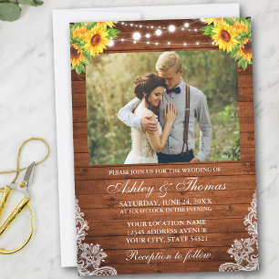 Rustic Sunflower Floral Wood String Lights Photo Invitation