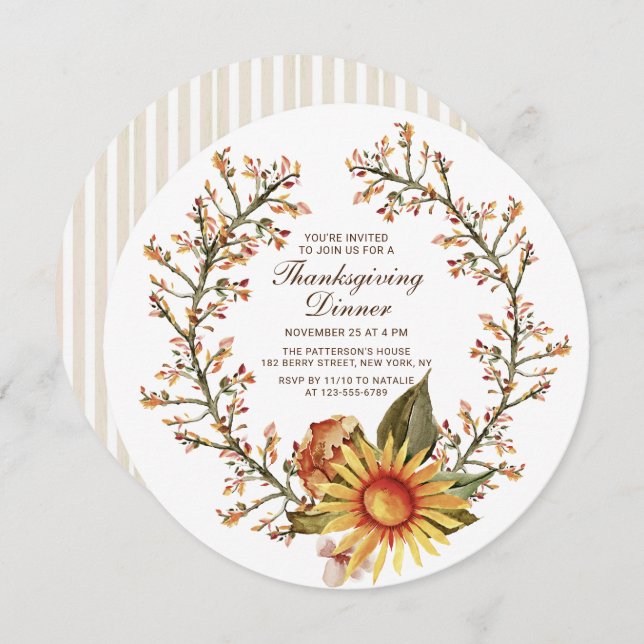 Rustic Sunflower Floral Wreath Thanksgiving Dinner Invitation (Front/Back)