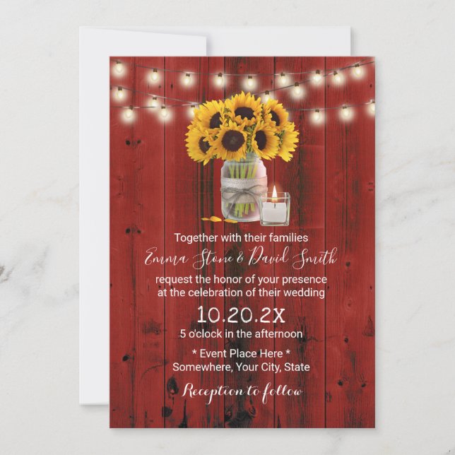 Rustic Sunflower Flower Jar Red Barn Wood Wedding Invitation (Front)