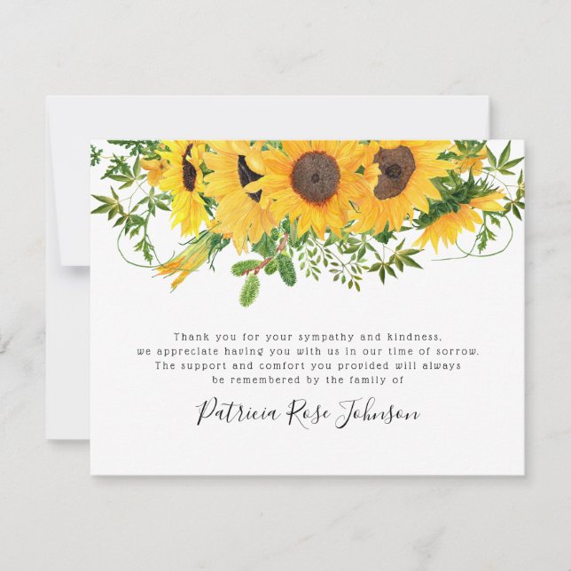 Rustic Sunflower Funeral Memorial Thank You Card (Front)