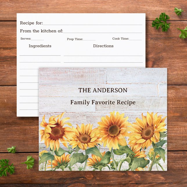 Rustic Sunflower Garden Family Recipe Card (front and back side)