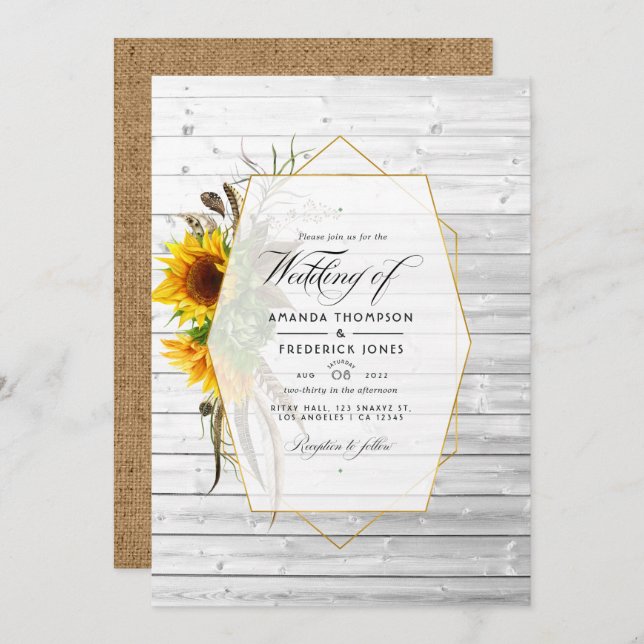 Rustic Sunflower Geometric Country Barn Wedding In Invitation (Front/Back)