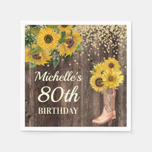 Rustic Sunflower Glitter  Boots Wood 80th Birthday Napkin