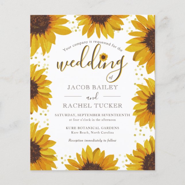 Rustic Sunflower Gold Dots Wood Wedding Invitation (Front)