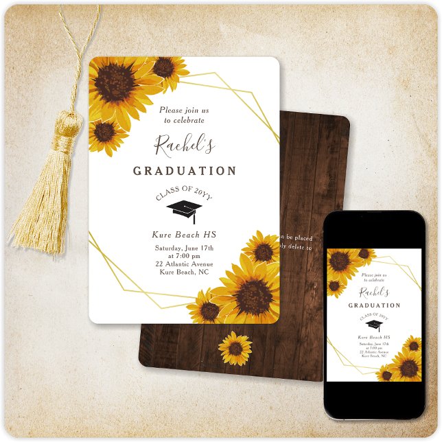 Rustic Sunflower Gold Geometric Graduation Party Invitation (Creator Uploaded)