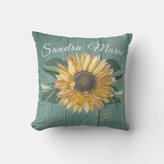 Rustic Sunflower Golden Yellow Green Wood | name   Cushion (Front)
