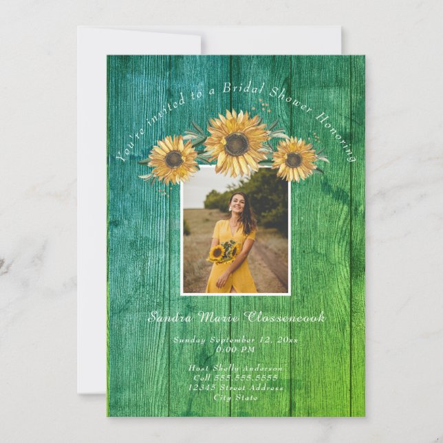 Rustic Sunflower Green Wood Wedding Bridal Shower Invitation (Front)