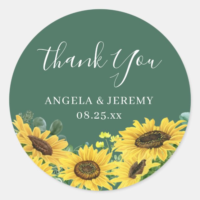 Rustic Sunflower Greenery Eucalyptus Thank You Classic Round Sticker (Front)