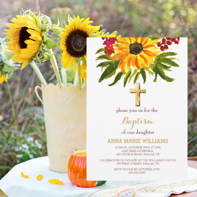 Rustic Sunflower Greenery Gold Cross Baptism  Invitation (Creator Uploaded)