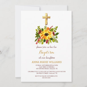 Rustic Sunflower Greenery Gold Cross Baptism Invitation