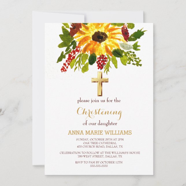 Rustic Sunflower Greenery Gold Cross Baptism  Invitation (Front)