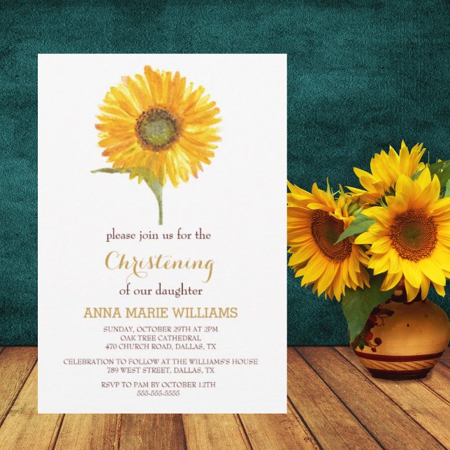 Rustic Sunflower Greenery Gold Cross Christening  Invitation (Creator Uploaded)
