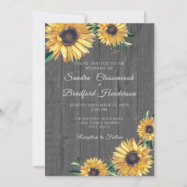 Rustic Sunflower Grey Wood Wedding   Invitation (Front)