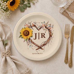 Rustic Sunflower Heart Monogram Wedding Paper Plate