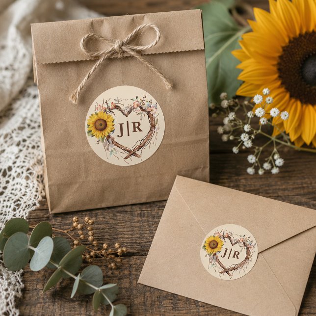 Rustic Sunflower Heart Monogram Wedding Seal (Rustic Sunflower Wedding Favors)