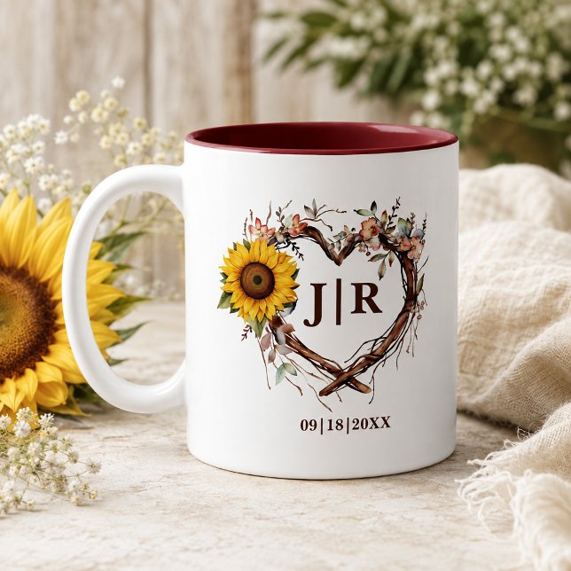 Rustic Sunflower Heart Monogram Wedding Two-Tone Coffee Mug (Rustic Sunflower Monogram Mug)