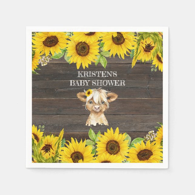 Rustic Sunflower Highland Cow Baby Shower Napkin (Front)