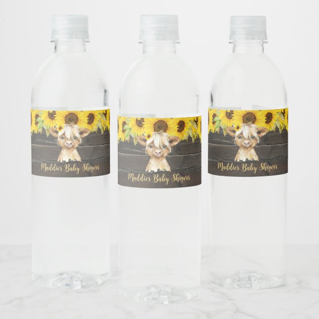Rustic Sunflower Highland Cow Baby Shower Water Bottle Label (Bottles)