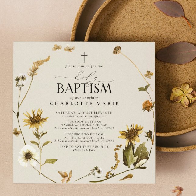 Rustic Sunflower Holy Baptism Modern Script Cross Invitation (Holy Baptism Invitations!)