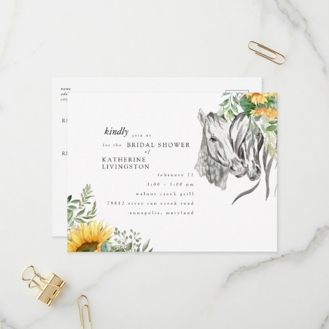 Rustic Sunflower Horses Nuzzling Bridal Shower  Invitation Postcard (Front/Back In Situ)