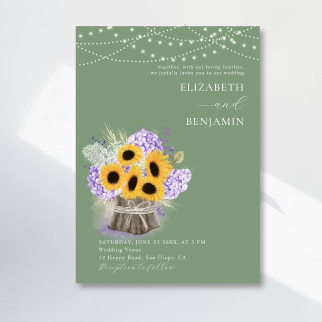 Rustic Sunflower Hydrangea Elegant Green Wedding Invitation (Creator Uploaded)