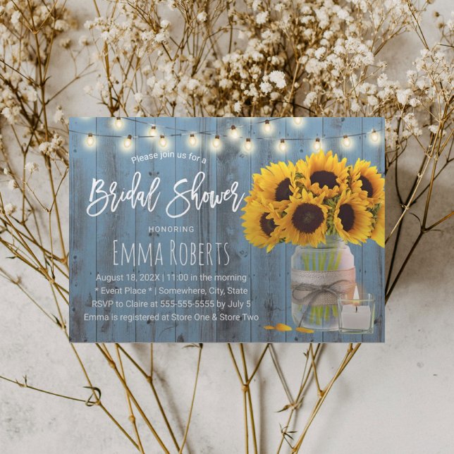 Rustic Sunflower Jar Dusty Blue Wood Bridal Shower Invitation (Creator Uploaded)