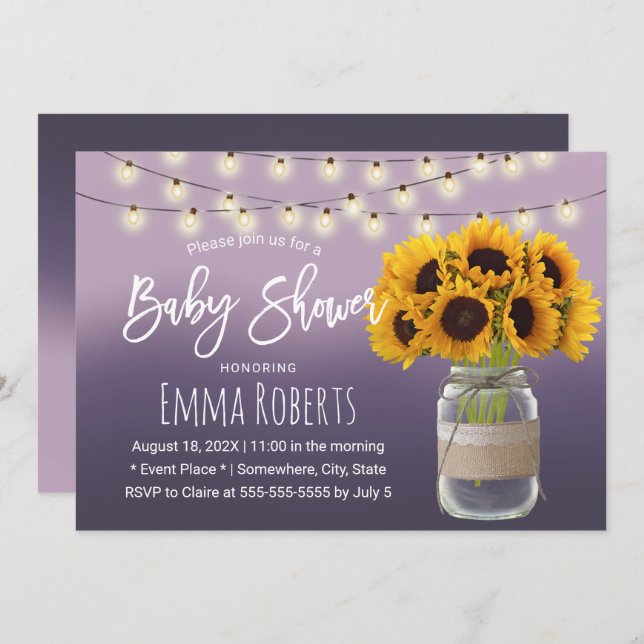 Rustic Sunflower Jar Elegant Purple Baby Shower Invitation (Front/Back)