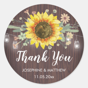Rustic Sunflower Jar Lights Thank You Wedding Classic Round Sticker