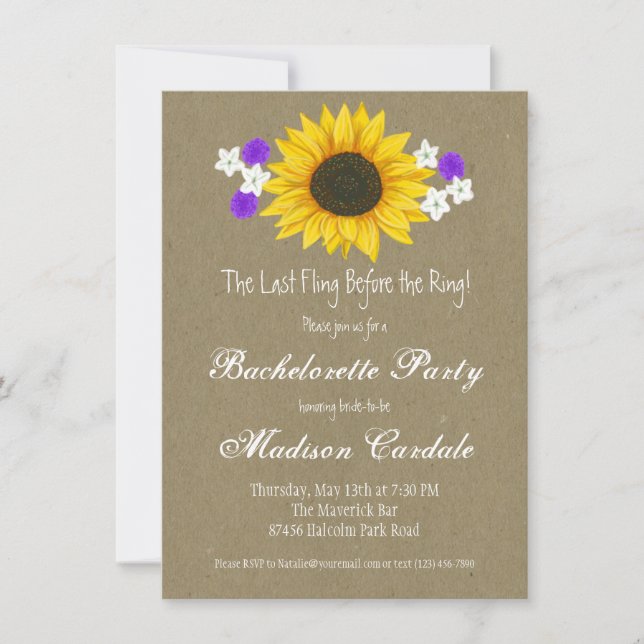 Rustic Sunflower Kraft Bachelorette Party Invites (Front)