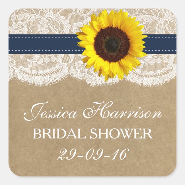 Rustic Sunflower, Kraft & Lace Bridal Shower Square Sticker (Front)