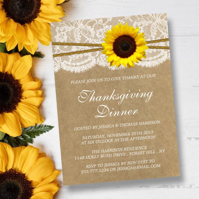 Rustic Sunflower Kraft & Lace Thanksgiving Dinner Invitation (Creator Uploaded)