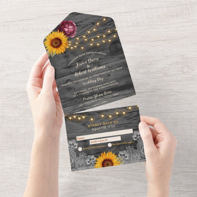Rustic Sunflower Lace All-in-One Wedding Invite (Tearaway)