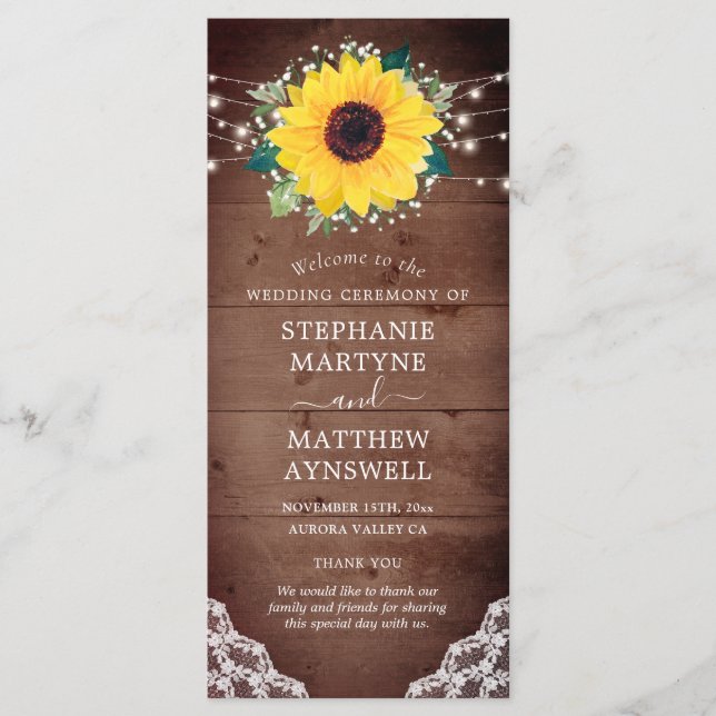Rustic Sunflower Lace Baby's Breath Lights Wedding Program (Front)